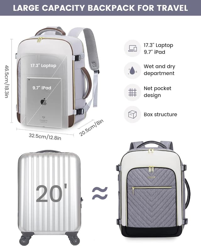Detalle de LOVEVOOK Damen Travel Backpack mit 17,3-Zoll-Laptopfach, 40L Handgepäck-Reiserucksack (wasserdicht, Weekender/Carry-on)