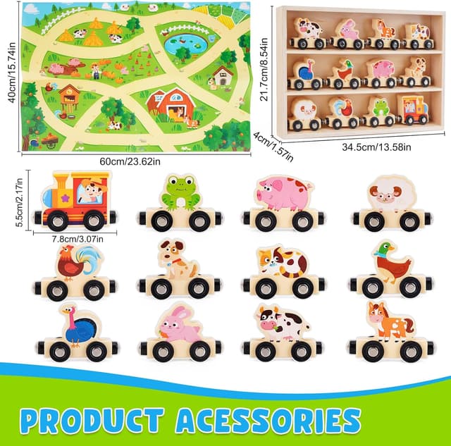 Detalle 2 de Montessori Wooden Train Toy with 12 Magnetic Animals & Game Map (for ages 1–3) in a storage box