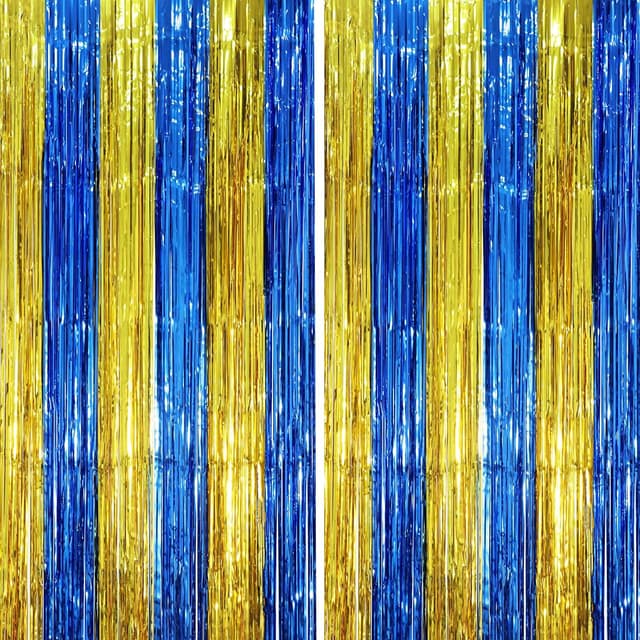 Detalle de Voircoloria 2-Pack Blue & Gold Foil Fringe Backdrop Curtains for Door Shimmer Parties