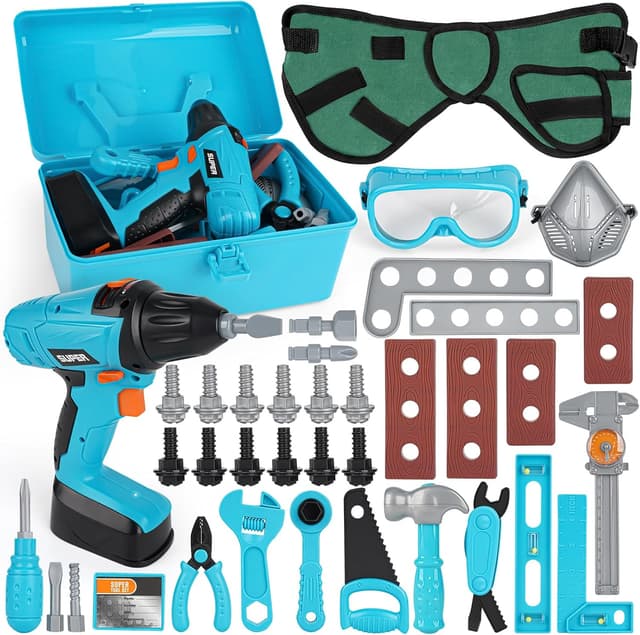 Detalle de Vanplay Kids Tool Set (52 pcs) with Electronic Toy Drill & Tool Belt for Pretend Play
