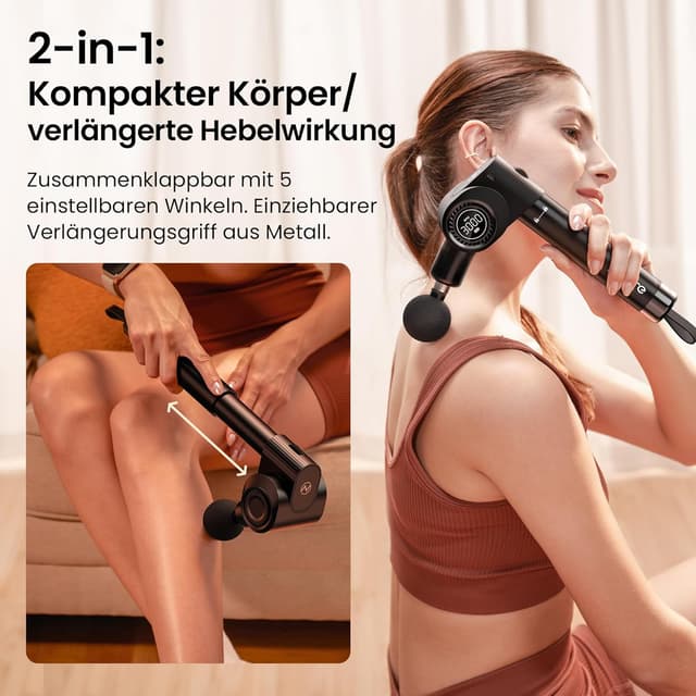 Detalle 2 de Napre faltbare Massagepistole mit Verlängerungsgriff, 32 Geschwindigkeiten & 6 Aufsätzen