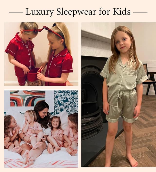 Detalle 2 de SWOMOG Girls Silk Pyjamas Short Sleeve Satin Button-Down 2-Piece Set (Kids)