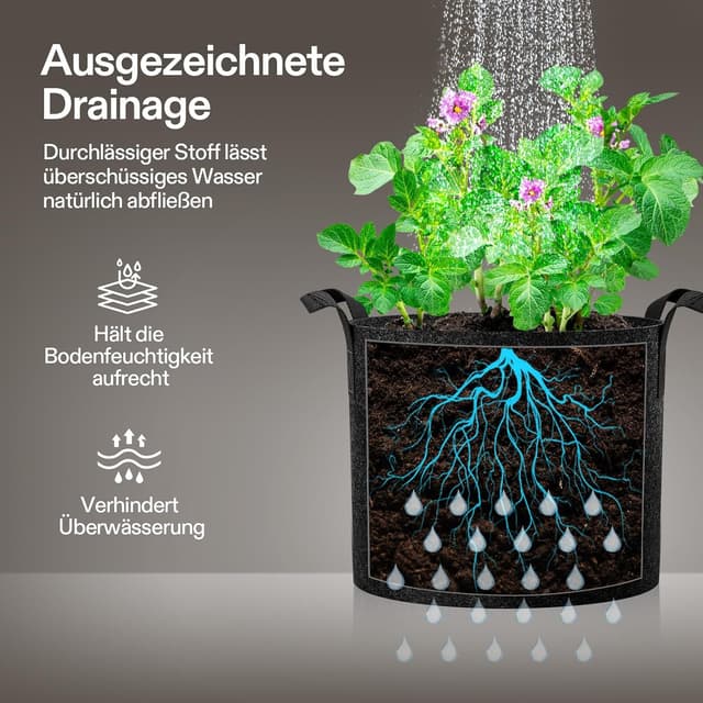 Detalle de VIVOSUN Pflanzsack 5er-Set 20L aus Vliesstoff – robuste Grow Bags mit Griffen