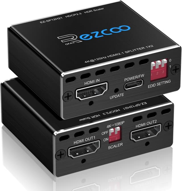 Detalle de ROFAVEZCO HDMI 2.1 Splitter 4K 120 Hz (1×2) mit EDID-Scalern, VRR/ALLM & HDR10/Dolby Vision
