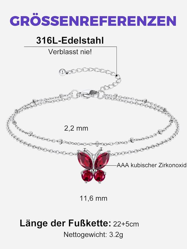 Detalle de Richsteel Geburtsstein Fußkette für Damen – doppeltes Fußkettchen aus 316L Edelstahl mit Schmetterling