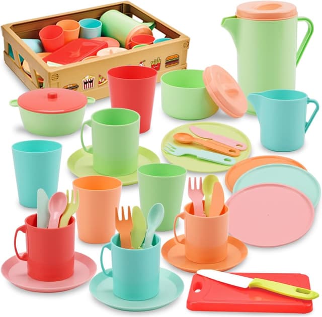 Detalle de RUIDYA Play Kitchen Accessories 37-piece pretend tea party set with carry basket