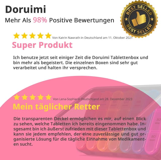 Thumbnail 6 de Doruimi Tablettenbox für 7 Tage mit 3 Fächern (Morgens/Mittags/Abends) – rosa, kompakt