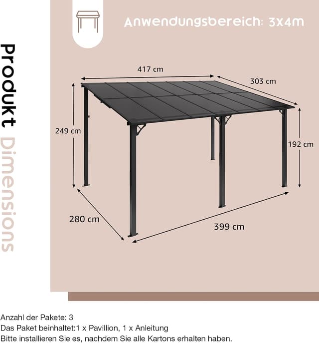 Detalle 2 de OC Orange-Casual Terrassenüberdachung 3x4 m Pergola mit Anti-UV PE-Dach (Carport) – Stahlrahmen, 3 Packets