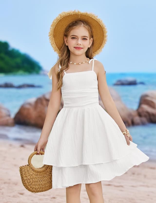 Detalle de Arshiner Girls Summer Spaghetti Strap Tiered Midi Sundress with Smocked Back
