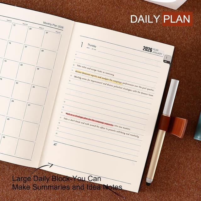 Detalle de Mljtoyo Diary 2026 A5, day-per-page planner (Jan–Dec 2026) with pen, stickers and 3 bookmarks