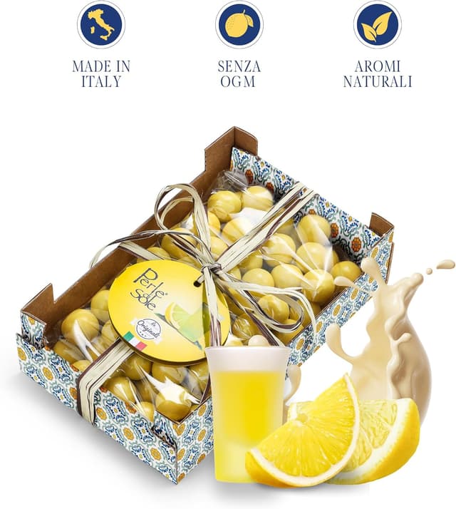 Detalle 2 de Perle di Sole Liquorini ripieni al Limoncello in cassettina maiolicata 400 g