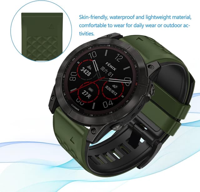 Detalle de LanQii 26mm QuickFit Silikon-Armband für Garmin (Tactix 8, Fenix 8/7/6/5, Enduro, Descent) – Grün/Schwarz