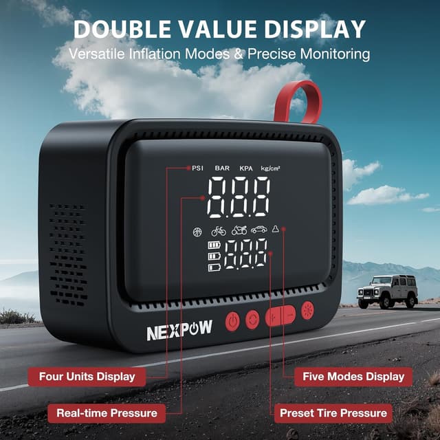 Thumbnail 6 de NEXPOW Portable Tire Inflator with Rechargeable Battery, 12V DC Power Adapter, 150PSI Auto Shut-Off