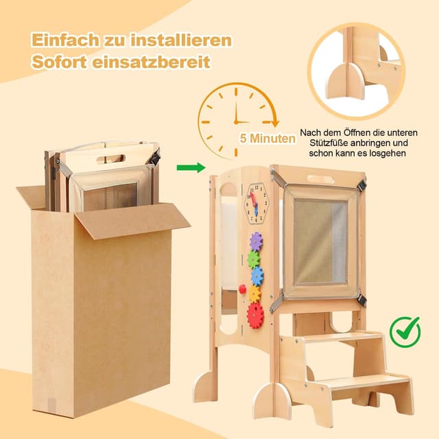 Detalle 2 de SOFTHOM Lernturm klappbar mit 2 höhenverstellbaren Stufen (Montessori, ab 1 Jahr), Birke, mit Sicherheitsnetz