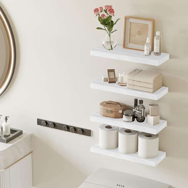 Detalle 2 de Fixwal White Floating Wall Shelves (Set of 4) with Invisible Brackets, 15.8in Rustic Wood Finish