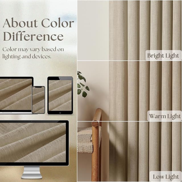 Detalle 2 de Pinch Pleated Linen Curtains 102 Inches Long (2-Panel Set) in Gray Beige Tan Neutral