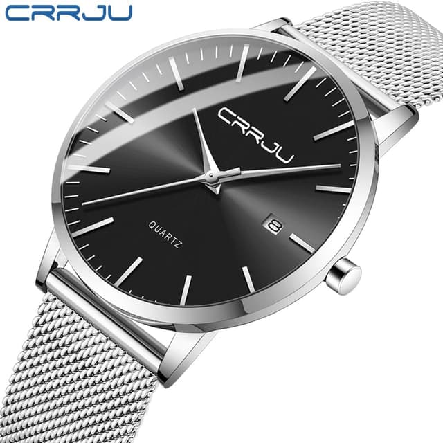 Detalle de CRRJU Herren-Uhr ultra dünn (schwarz) – wasserdichtes Mesh-Armband mit Quarzwerk
