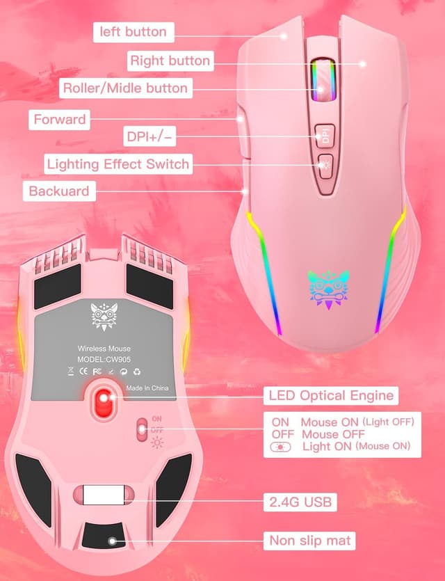 Detalle 2 de ONITOON Wireless Gaming Mouse in Pink (2.4G) with RGB, 5 DPI levels and USB-C recharge