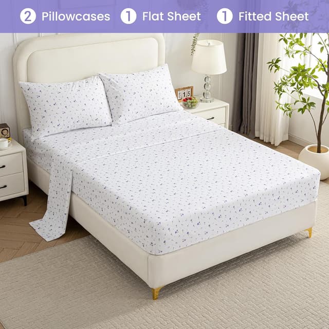 Thumbnail 6 de softan Purple Floral King Bed Sheet Set with 15-inch Deep Pocket Fitted Sheet & Non-Slip Straps