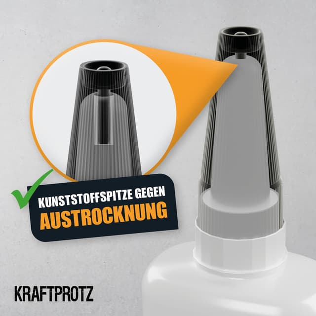 Detalle 2 de KRAFTPROTZ Sekundenkleber-Set (2× 50 g) flüssig & gel – extra stark, wasserfest & hitzebeständig, anti-austrocknend
