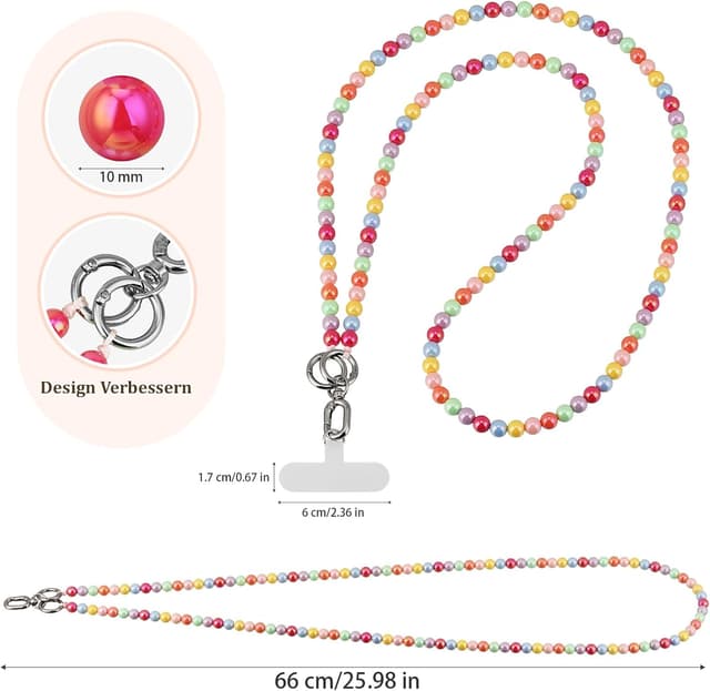 Detalle 2 de Qyoocom chaîne de téléphone portable avec perles colorées et cordon amovible (2 patchs) – cordon universel