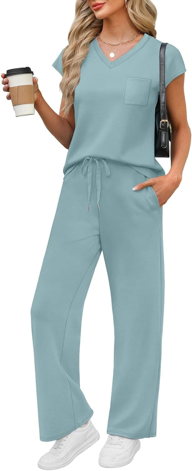 Detalle 2 de WIHOLL 2-Piece Women’s Resort Wear Set: Cap Sleeve V-Neck Top + Wide-Leg Lounge Pants with Pockets