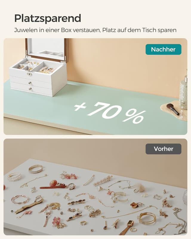 Thumbnail 6 de SONGMICS Schmuckkästchen JOW15WN mit großem Spiegel, 3 Ebenen und 2 Schubladen, abschließbar (weiß-holzfarben)