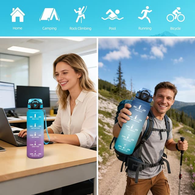 Detalle de Motswedi Gourde 1 l à paille étanche avec repères et marqueur de temps (bleu&violet)