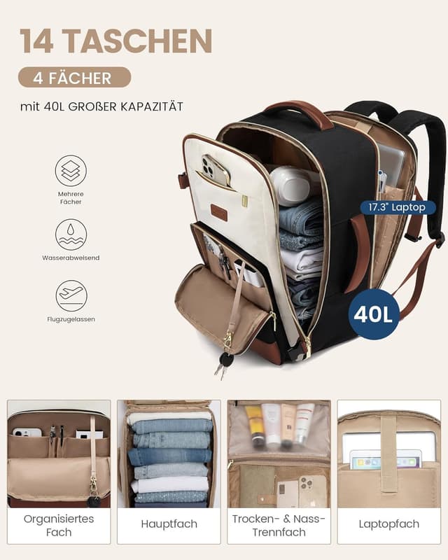 Detalle de LOVEVOOK Handgepäck Rucksack für 17,3 Zoll (40L) – 45x30x20 cm, wasserdichtes Reise- und Business-Backpack in Schwarz Beige Braun