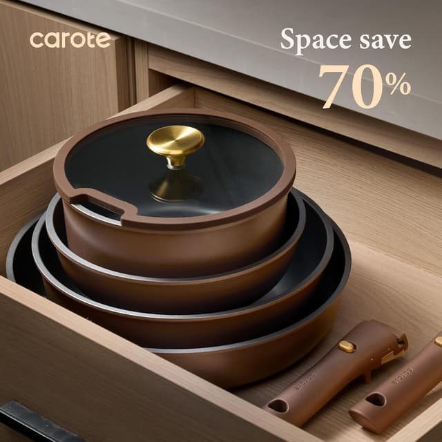 Detalle de CAROTE 21-Piece Pots and Pans Set with Detachable Handle (Nonstick, Oven Safe) — Brown