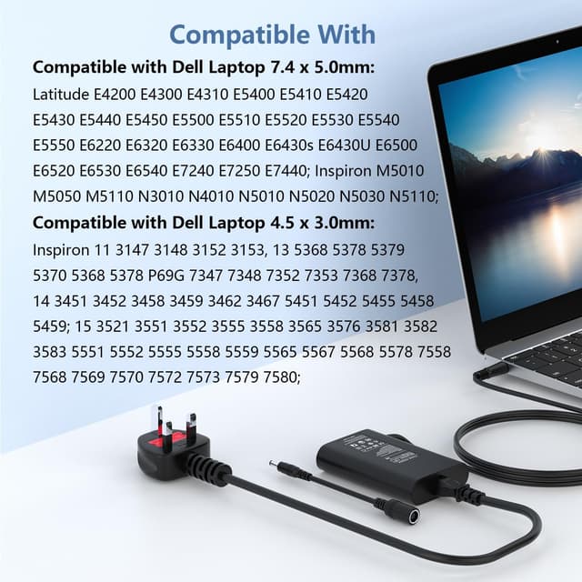 Detalle de 90W Dell laptop charger adapter (compatible with selected Dell Latitude, Vostro, XPS, Inspiron and Chromebook models)