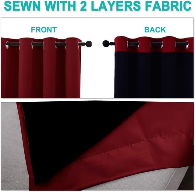 Detalle de NICETOWN Ready-Made Blackout Curtains, Burgundy Red (Set of 2) with Black Lining, 55 x 96 in