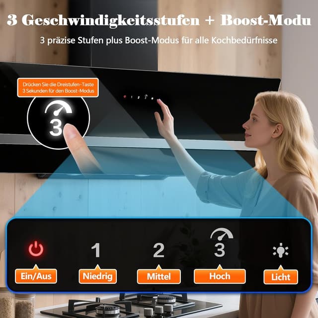 Detalle de SNDOAS A+++ 90 cm Dunstabzugshaube (Abluft/Umluft) 450 m³/h, 3 Stufen + Boost, Schräghaube schwarz