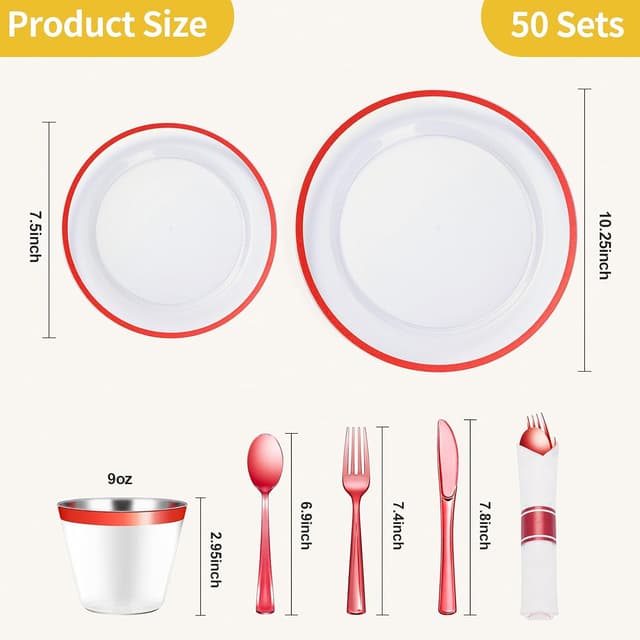 Detalle de Goodluck 350-Piece Red Plastic Dinnerware Set (Clear Plates) for 50 Guests