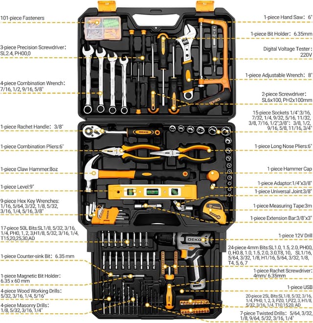 Detalle de DEKO 238-teiliges Werkzeugset im Werkzeugkoffer mit Akku-Bohrschrauber (12 V) und Schubladen-Design