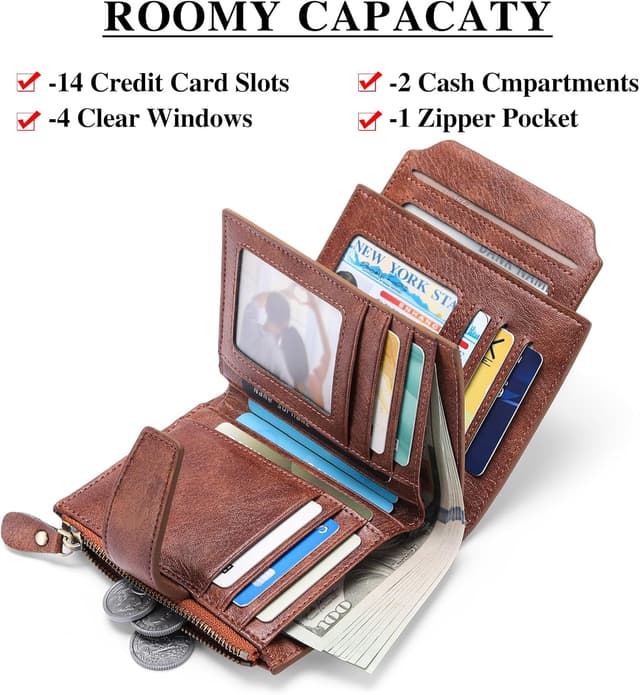 Detalle de SENDEFN women’s RFID blocking leather small bi-fold wallet with zip pocket and ID window