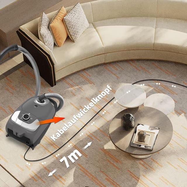 Detalle de Akitas C11 900-W Staubsauger mit Beutel – verstellbare Saugkraft, 10-m Arbeitsradius, 70 dB, HEPA H13