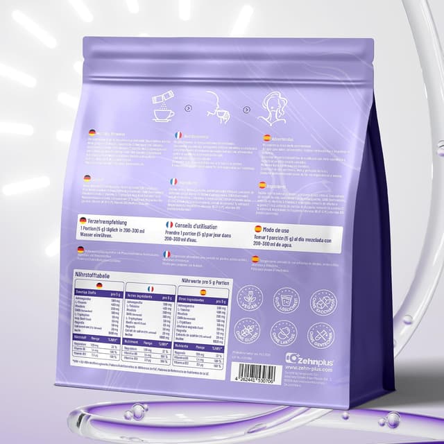 Thumbnail 6 de ZehnPlus Cortisol Balance Pulver (12-in-1) mit Ashwagandha, Rhodiola & L-Theanin – zuckerfrei, vegan, 30 Portionen