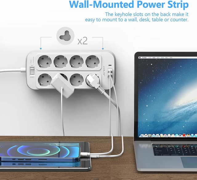 Detalle de JSVER Steckdosenleiste 5 m (8-fach) mit 4 USB und Überspannungsschutz – Schalter, Wandmontage, Weiß