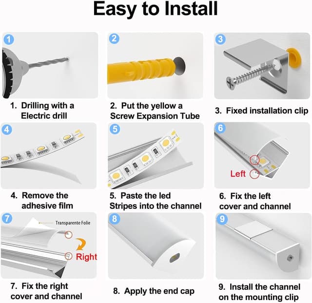 Detalle de VEANANO V-Shape LED profile diffuser channel kit (6-pack) with milky cover, end caps and mounting clips