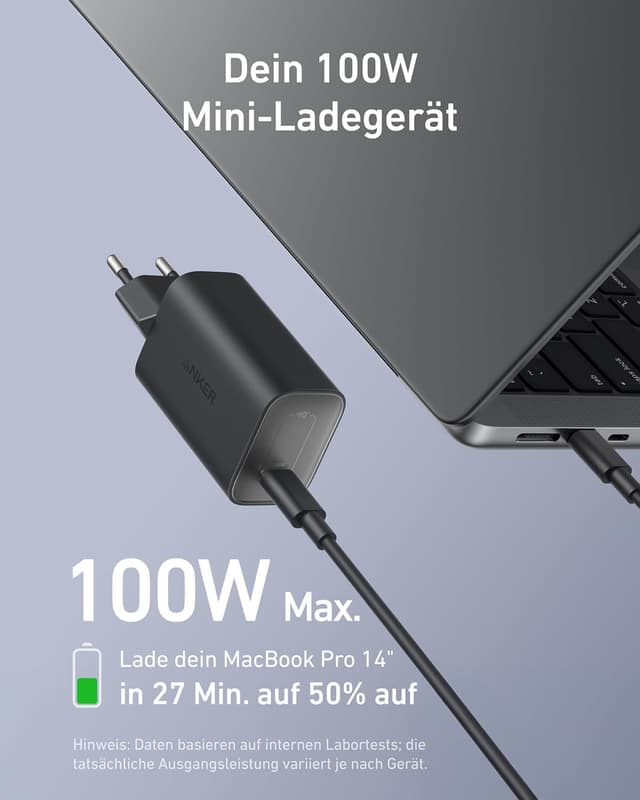 Detalle de Anker Nano 100W Ladegerät – kompaktes 100-W-Netzteil für MacBook, iPad, iPhone und USB‑C Geräte (inkl. 1,8 m USB‑C Kabel)