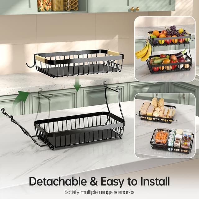 Detalle de Fournine 3-Tier Fruit Bowl Basket with Banana Hanger (Detachable Countertop Organiser), Black