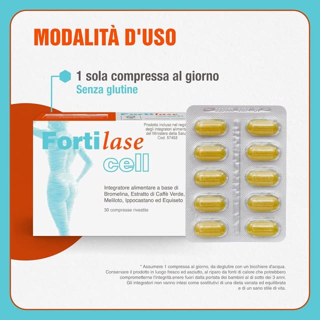 Detalle de Fortilase Cell – Integratore alimentare con bromelina, caffè verde, melitolo, ippocastano ed equiseto (30 compresse)