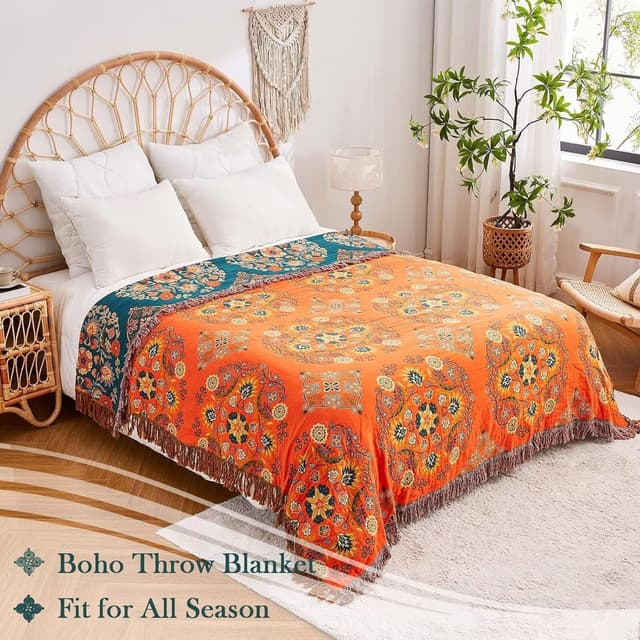 Detalle de XIBLC Boho Throw Blanket (100% Cotton) – 90"x98" Floral Reversible Farmhouse Quilt, Orange