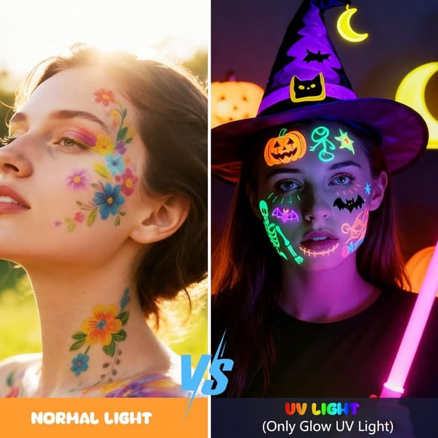 Detalle de Alaoo Penne Glitter Neon UV per Tatuaggi Temporanei Bambini (10 pezzi) con 4 stencil