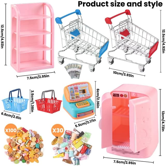 Detalle de DULEFUN 143-Piece Mini Shopping Cart Set for Dollhouse & Pretend Play