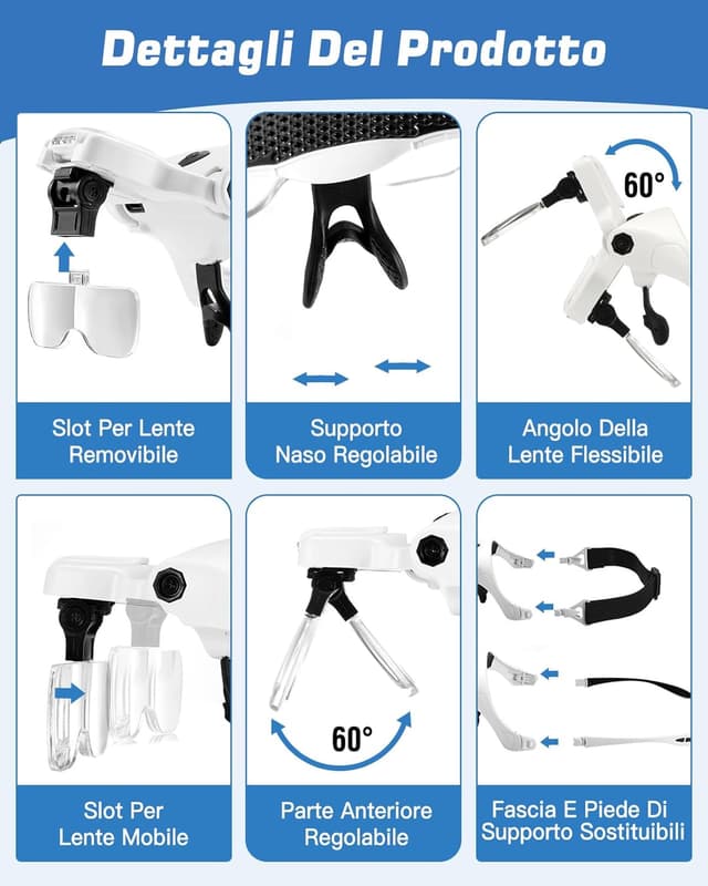 Thumbnail 6 de Anpro Occhiali con ingrandimento USB ricaricabile e 4 LED regolabili, lente con 5 lenti staccabili (1X–3.5X)
