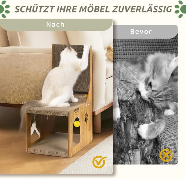 Detalle 2 de Pawtasy Kratzbrett Katzen Kratzpappe 2-in-1 für Wand & Ecke inkl. Ballspielzeug