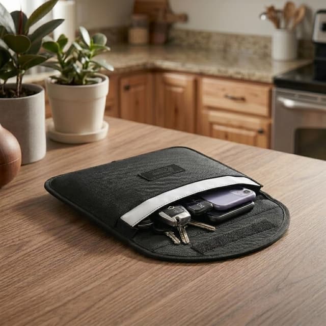 Detalle de XTRONS Large Faraday Pouch (Car Keys/Phones) – RFID signal blocking key bag with hook, waterproof carbon fibre, black