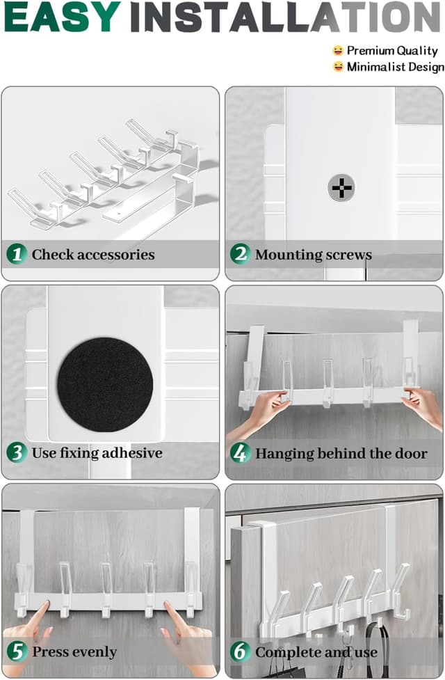 Detalle de MIVITOOM Over The Door Hook Hanger with 5 Coat Hooks (White) – space-saving storage for doors